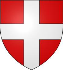 Ecu porté par Jean Amiel sur une fresque de la chapelle Sainte-Croix : de gueules avec la croix d'argent, il est assorti de la devise "Scutum fidei" (le bouclier de la foi). Blason Jean Amiel