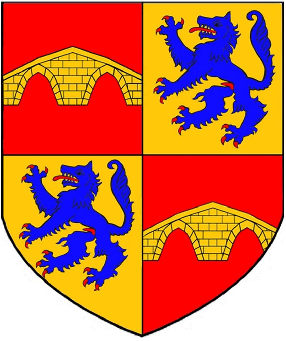 Blason de la famille d'Agoult de Pontevès : Ecartelé : aux 1 et 4 de gueules au pont à deux arches d'or, au 2 et 3 d'or au loup ravissant d'azur armé, lampassé et vilené de gueules. Blason PontevèsAgoult