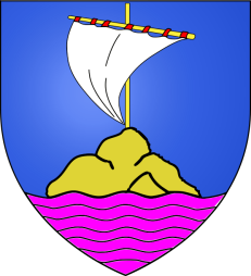 Blason des Matharon : D'azur, à une voile en poupe d'argent, attachée à une antenne posée en fasce d'or, liée de gueules et accompagnée en pointe d'un rocher d'or sur une mer de pourpre. Blason des Matharon