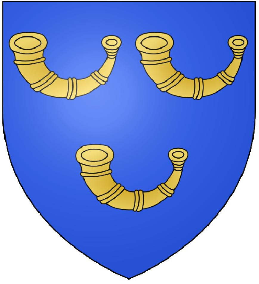 Blason de Bermond Cornut : D'azur à trois cornets de chasse d'or. cornets